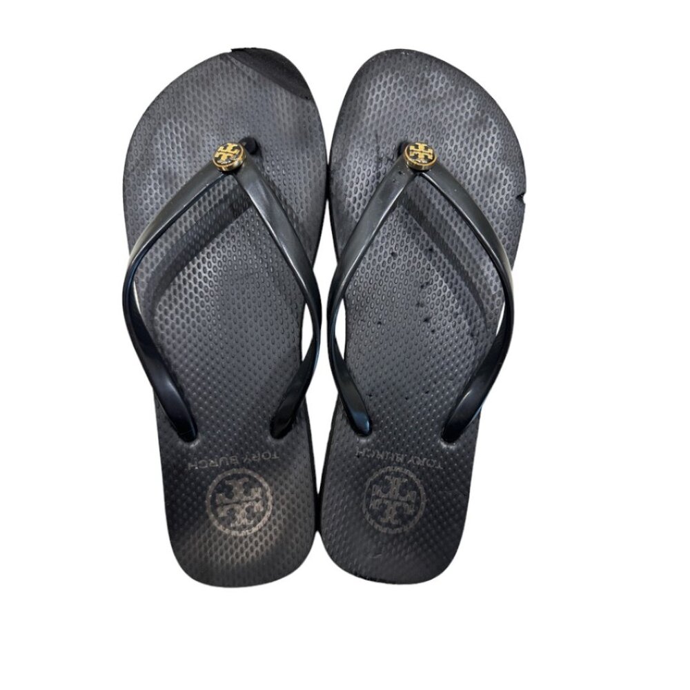 TORY BURCH THIN FLIP FLOP THONG SANDAL BLACK/GOLD LOGO SIZE 8 USED w/ DE…
